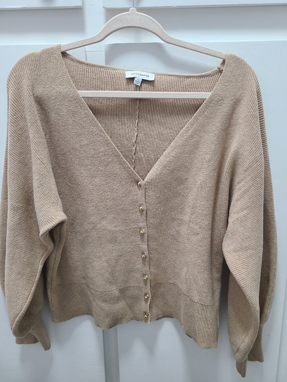 Calligraphie Balloon Sleeve Gold Button Cropped V-Neck Cardigan Sweater XL